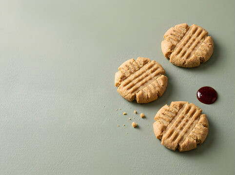 Homemade peanut butter cookies with fork pattern, rustic biscuits on sage green background, sweet snacks with fruit jam, minimalist food styling