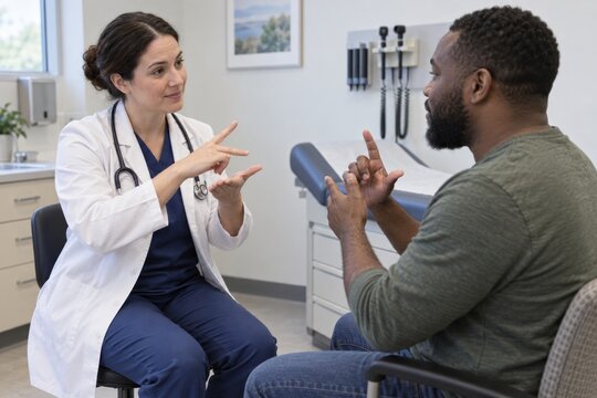 Woman doctor using sign language with deaf Black male patient during medical consultation in clinic exam room. Accessible healthcare communication. Disability inclusion and barrier-free medical