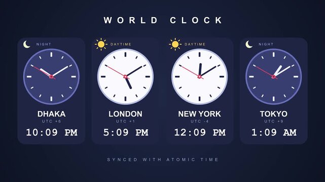 Digital world clock display with multiple time zones showing global connectivity and business