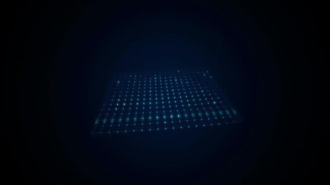 Abstract glowing digital matrix grid floating in dark cyberspace technology animation video