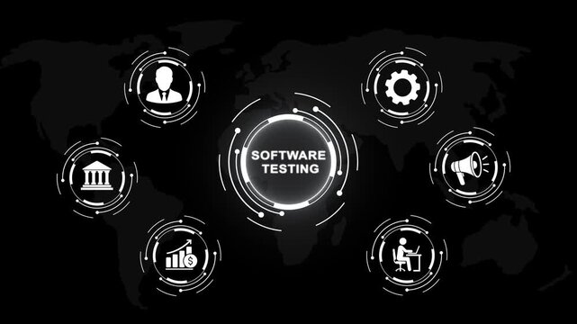 Digital software testing concept featuring animated hud interface with global network connectivity tech infographic motion for corporate it development and assurance presentations
