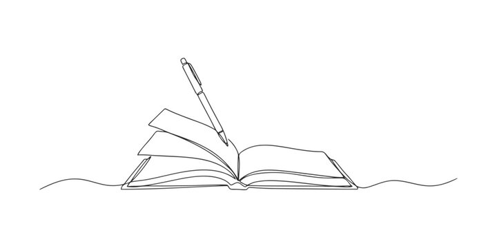 Continuous single line drawing of an open book and a pen writing on the pages