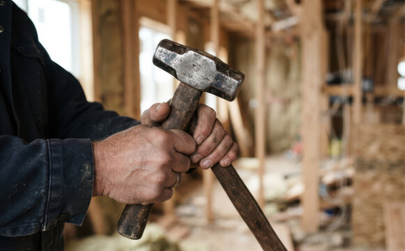 Middle aged caucasian male worker holding a sledgehammer in hands at construction site interior