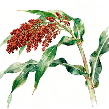 Watercolor Painting Of Mature Red Sorghum Plant