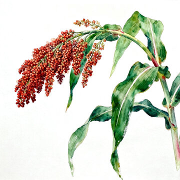 Watercolor Painting Of Mature Red Sorghum Plant