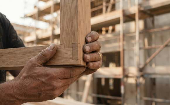 Close-up of mature male carpenter hands joining wooden beams with dovetail joints at construction site