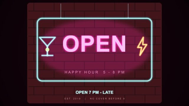 Neon open sign glowing in dark bar at night for welcoming customers