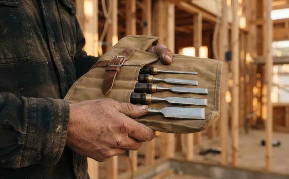 Male carpenter holding a canvas tool roll with wood chisels at a construction site for woodworking projects
