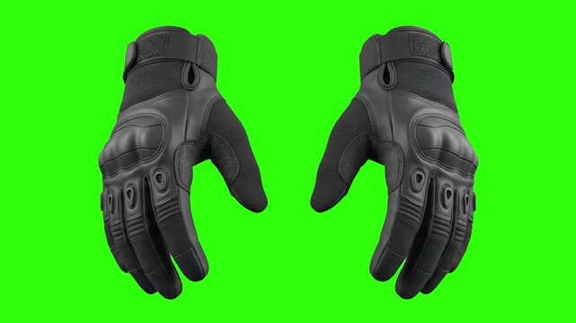Detailed realistic 3D CGI rendering of black military tactical gloves with knuckle protection isolated on a chroma key green screen background. Ideal for military gear promos, police action videos, ta