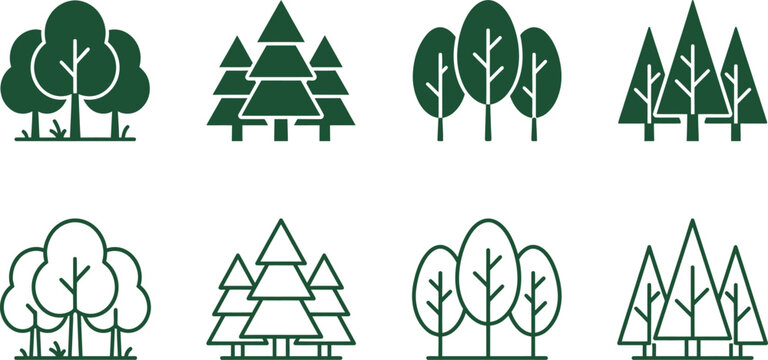 Set of green and outline tree icons for forest design
