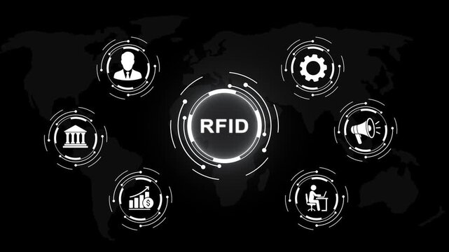 Advanced rfid technology concept featuring global network connectivity and digital data integration on a dark futuristic map interface for modern business logistics and secure tracking systems