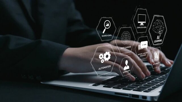 AI learning system involves deep learning, supervised machine learning, and natural language processing. AI learning diagram shows how AI advances learn in automation and data processing. Elide