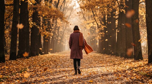 Young woman walking through an autumn forest with falling leaves - Autumn weather topic