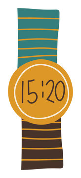 Hand Drawn Wristwatch Illustration with Striped Strap and Time Display