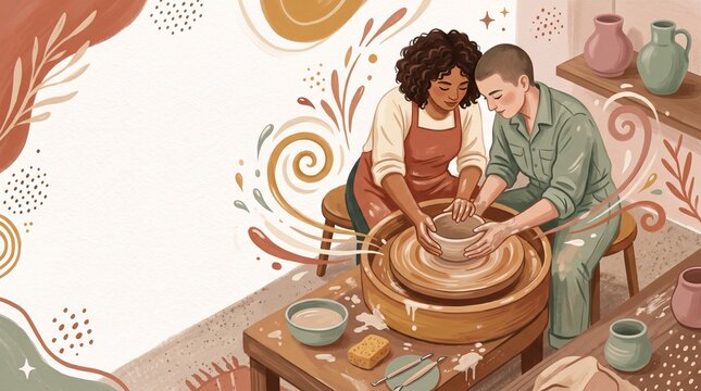 Couple crafting pottery together in a joyful atmosphere with decorative background