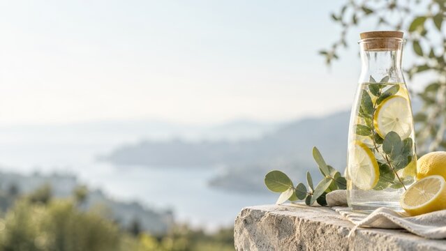 Refreshing lemon infused water bottle with eucalyptus on scenic coastal stone terrace background