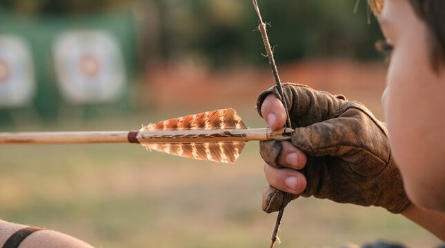 Kid aiming with bow and arrow at target during archery practice