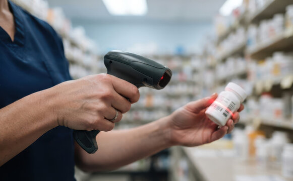 Pharmacist scanning medicine bottle barcode with digital scanner in a hospital pharmacy