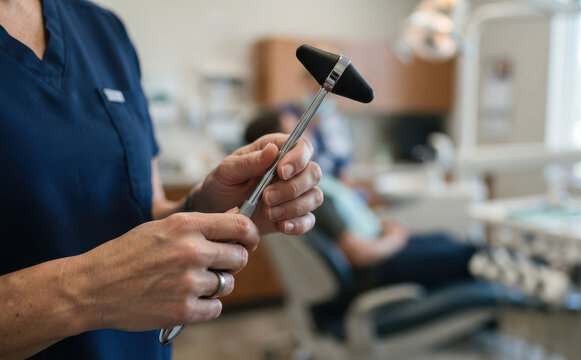 Nurse holding neurological reflex hammer in medical clinic exam room