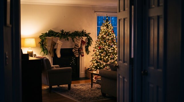 Cozy living room with a decorated Christmas tree and stockings for Boxing Day
