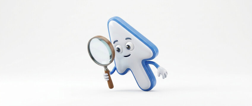 Cute 3D Cursor Character Holding Magnifying Glass on White Background