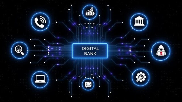 Advanced digital banking ecosystem infographic featuring glowing neon circuitry connections, financial technology cybersecurity threats, artificial intelligence chatbots, and modern fintech