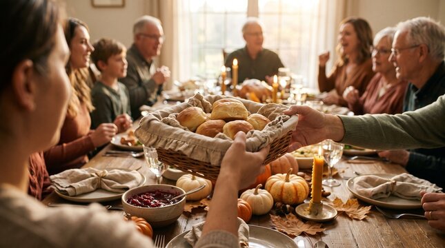 Family gathering enjoying a Thanksgiving meal at a festive table  