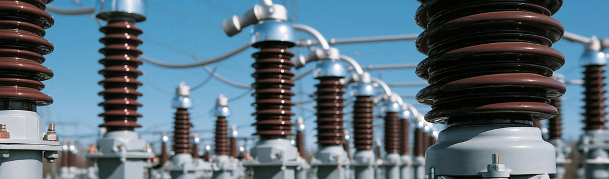 Power Transmission Equipment: Rows of brown insulators and metal components under clear blue sky, representing high-voltage electrical infrastructure.