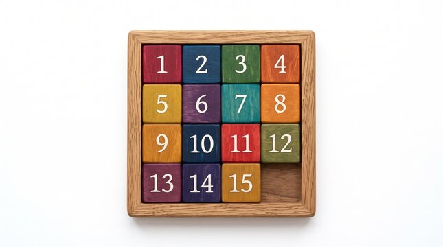 Wooden sliding tile puzzle board with numbered blocks