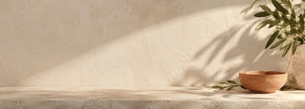 Minimalist mediterranean interior background with beige textured wall clay bowl and olive branches for photography display