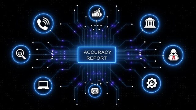 Digital accuracy report concept with glowing cyber network interface featuring data analytics, cybersecurity, artificial intelligence, banking, and technical support for corporate business