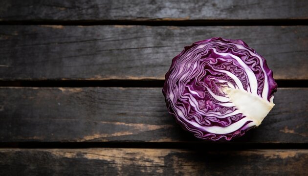 Red cabbage cut in half lying on rustic dark wooden background for recipe presentation