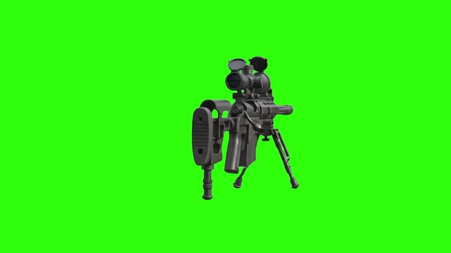 Professional long-range sniper rifle equipped with a large optical scope and adjustable stock isolated on a studio chroma key green background. Great for military documentaries, tactical shooter games