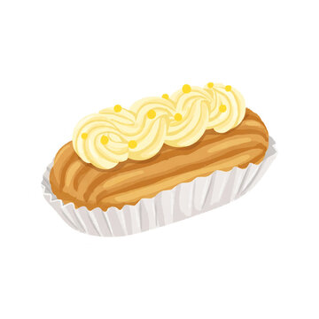 Lemon vanilla eclair sticker illustration topped with yellow swirl cream and sprinkles