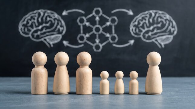 Wooden peg dolls family figures standing in front of chalkboard with two human brains and neural network diagram, artificial intelligence, teamwork, learning and psychology concept