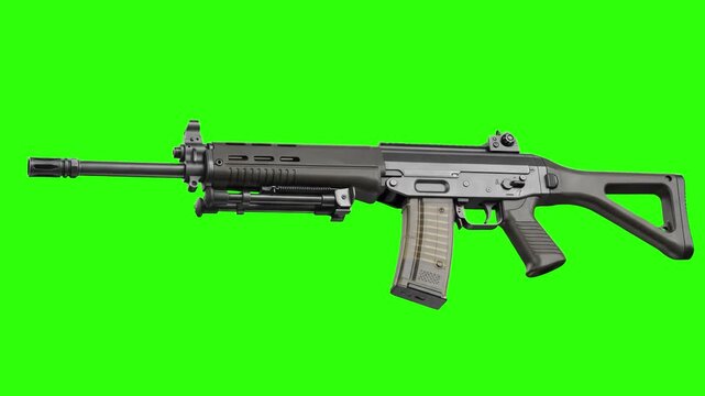 Detailed realistic 3D CGI rendering of a modern tactical assault rifle with attached bipod isolated on a chroma key green screen background. Suitable for military video games, action movie effects, ta