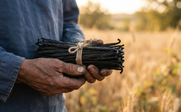 Farmer holding a bundle of harvested vanilla beans in a field