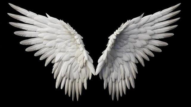 A pair of majestic white angel wings with intricate feather details, gently flapping against a black background.