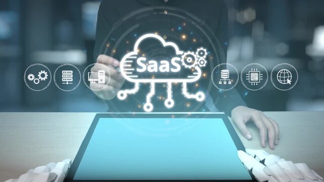A modern representation of cloud computing with SaaS concept showcased on a tablet, emphasizing technology role in business efficiency and digital transformation. Salient
