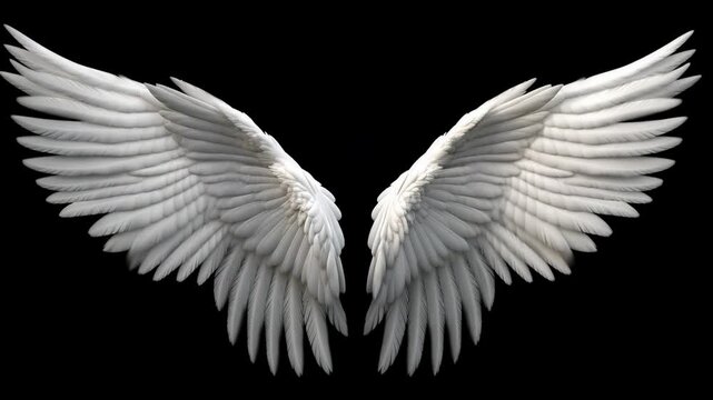 A pair of pristine white angel wings gently move, showcasing intricate feather details on a solid black backdrop. Ideal for themes of spirituality, freedom, and divine inspiration.