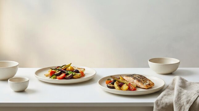 A light-colored plate holds a portion of baked salmon alongside a colorful medley of roasted vegetables. A second plate with similar vegetables sits to the left.