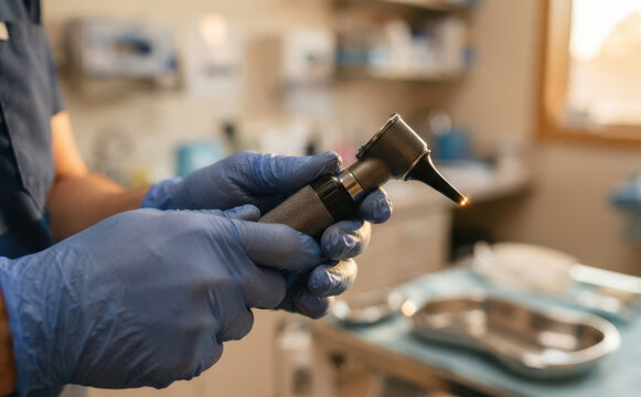 Medical professional in blue gloves holding an otoscope in a clinic room for ear examination