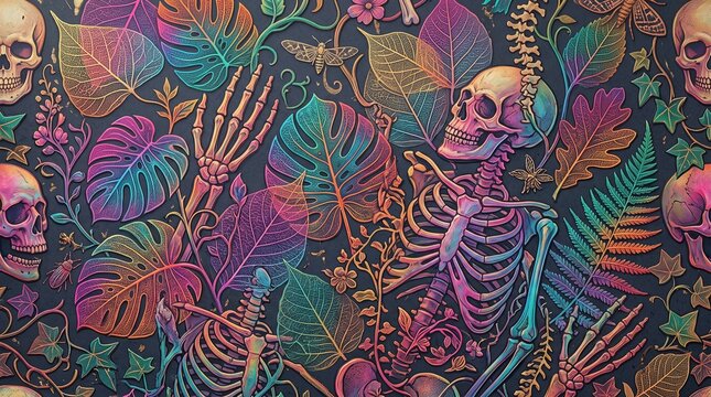 Vibrant neon skeleton and tropical foliage pattern