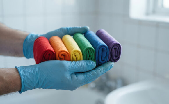 Person in blue gloves holding folded rainbow cleaning cloths in a bathroom representing hygiene and color coordination