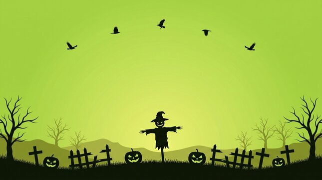 halloween graveyard silhouette with a pumpkin headed scarecrow, crooked wooden crosses, flying crows, leafless trees and glowing lime green sky for spooky seasonal backgrounds