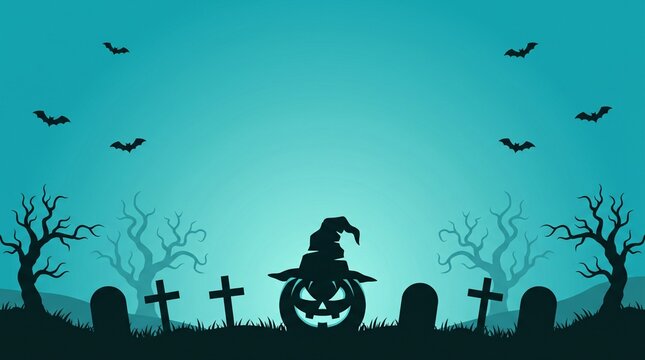 halloween spooky graveyard silhouette with witch hat pumpkin, flying bats, twisted bare trees, tombstones and glowing turquoise night sky background for seasonal autumn design