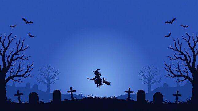 blue halloween night landscape featuring a flying witch and black cat above a spooky cemetery with crooked crosses, bare trees and bats in a dramatic moonlit silhouette scene