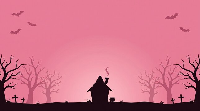 spooky halloween witch house silhouette with smoking chimney, twisted leafless trees, flying bats and graveyard crosses against a soft pink gradient night sky background