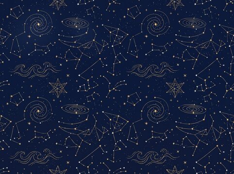 Seamless Constellation Lines and Stars Pattern on Deep Blue