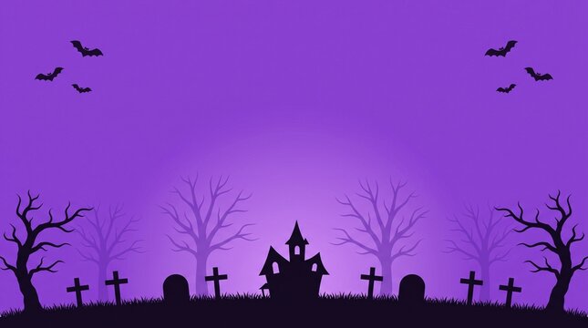ominous haunted mansion silhouette surrounded by crooked trees and abandoned grave markers beneath a vivid purple twilight sky with flying bats, spooky halloween scenery illustration